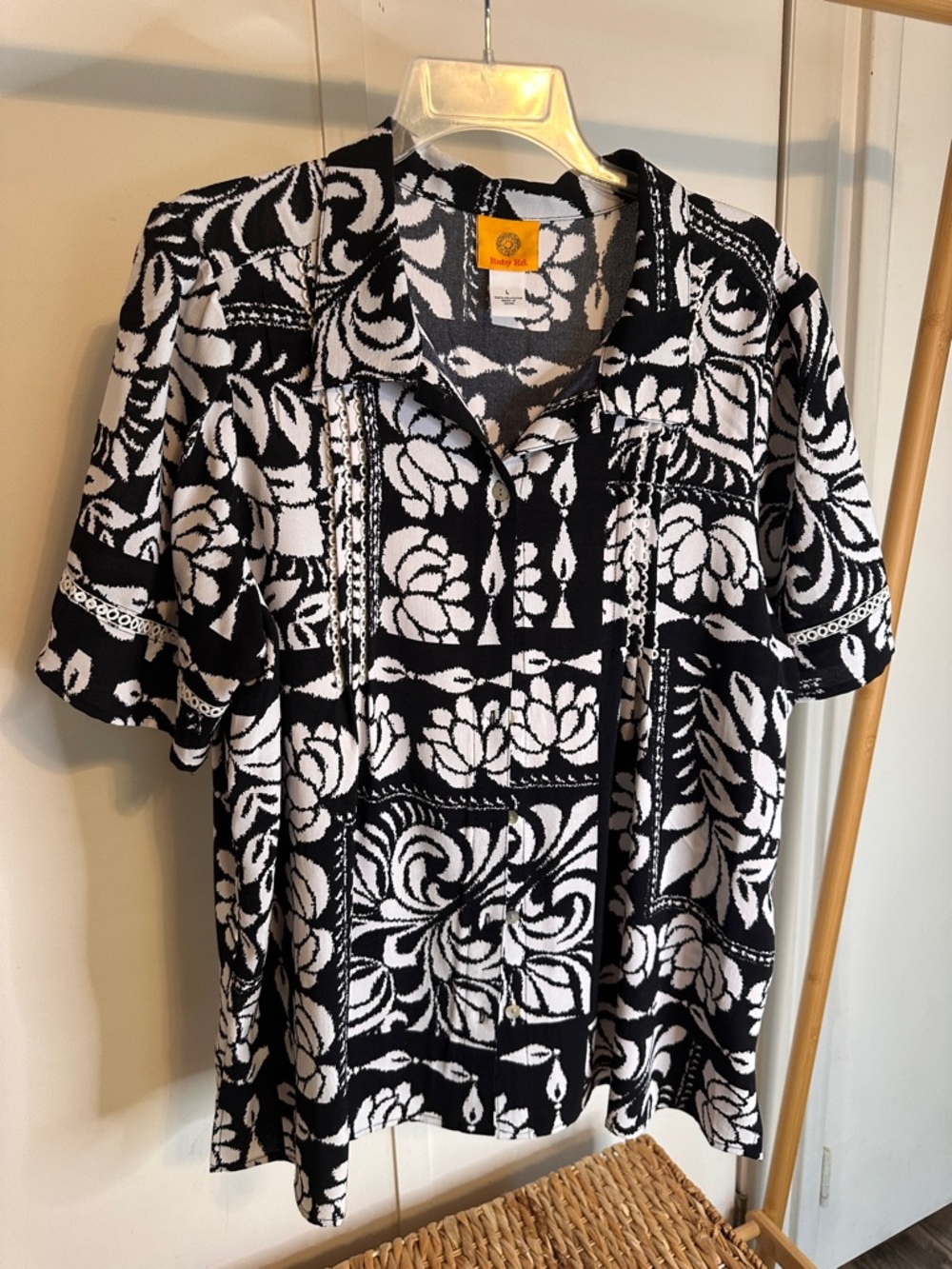 Ruby Rd. Black and White Floral Print Button Front Top